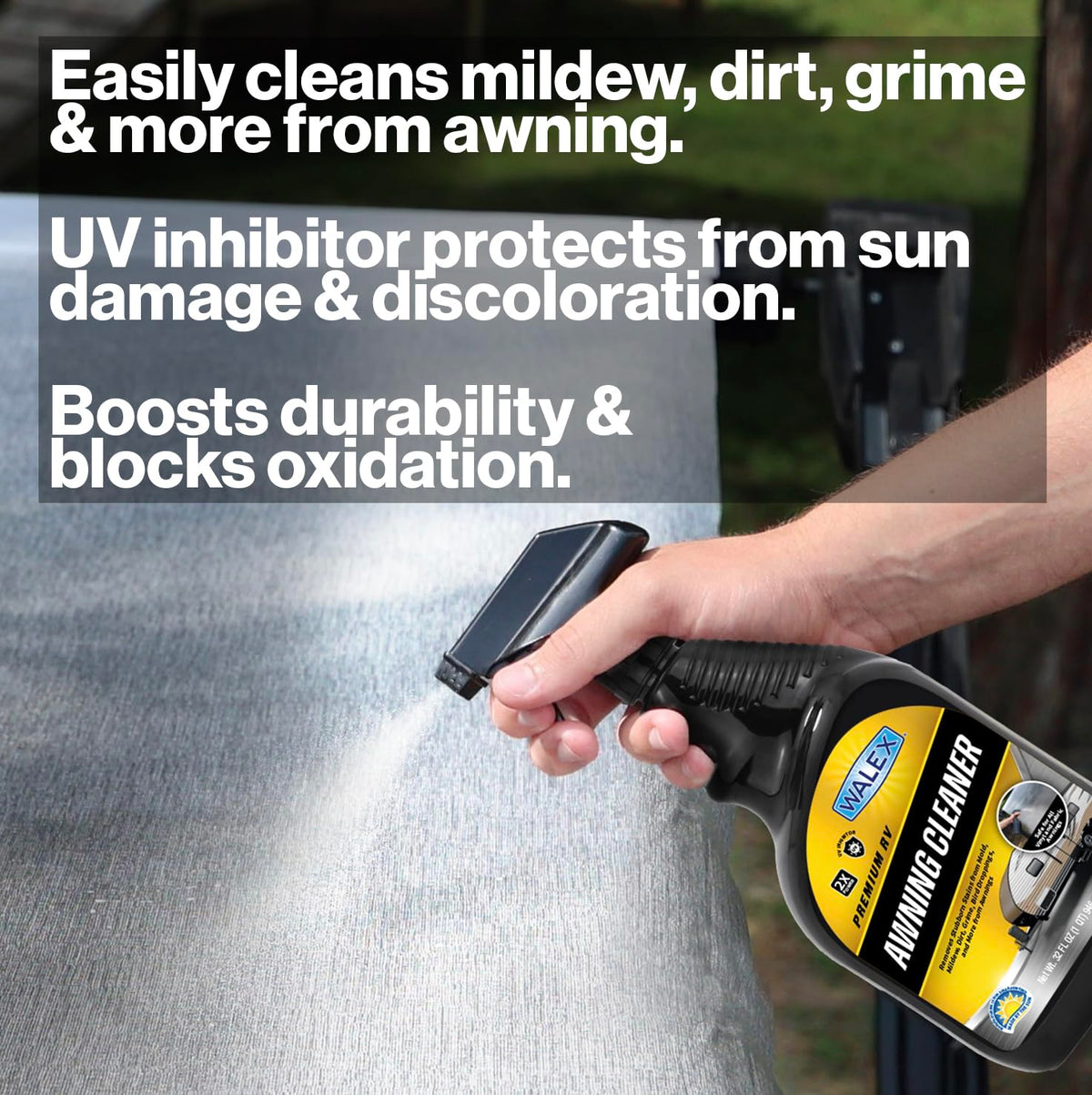 Walex spraying cleaner on awning to remove stains and simplify cleaning