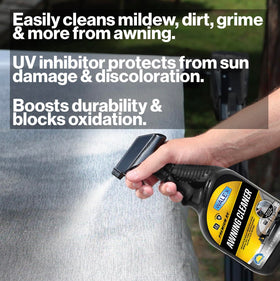 Walex spraying cleaner on awning to remove stains and simplify cleaning