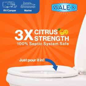 Walex being poured into a toilet bowl demonstrating easy application and fast action