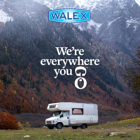 Walex bottle in an RV bathroom setting showing fresher, more pleasant onboard restroom