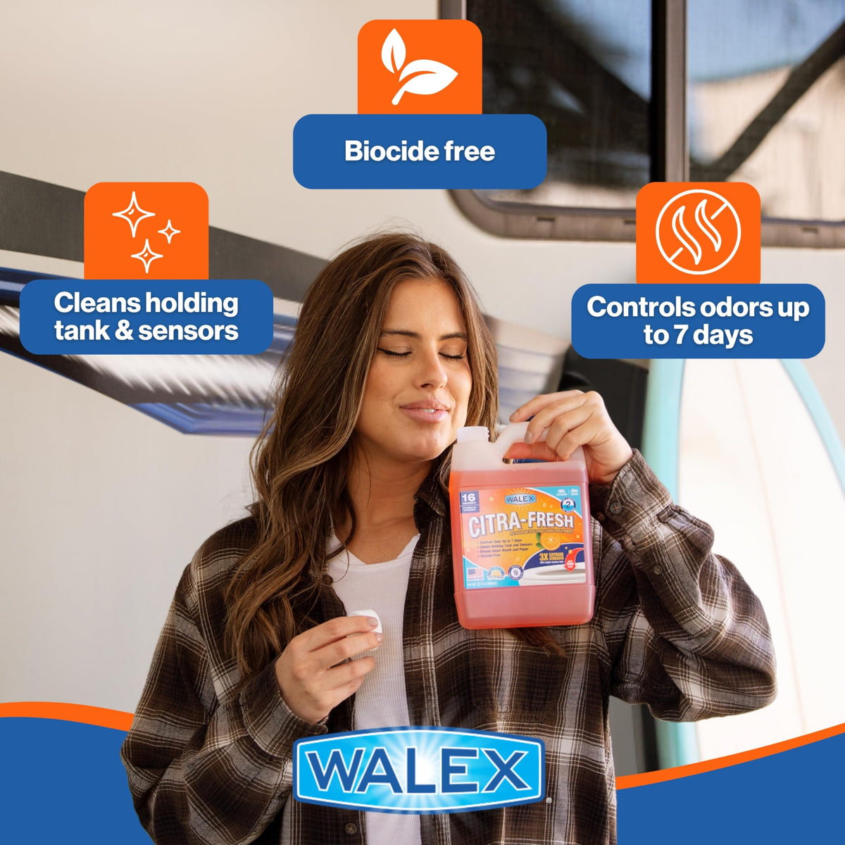 Walex bottle held in hand showing 64 oz size for accurate dosing