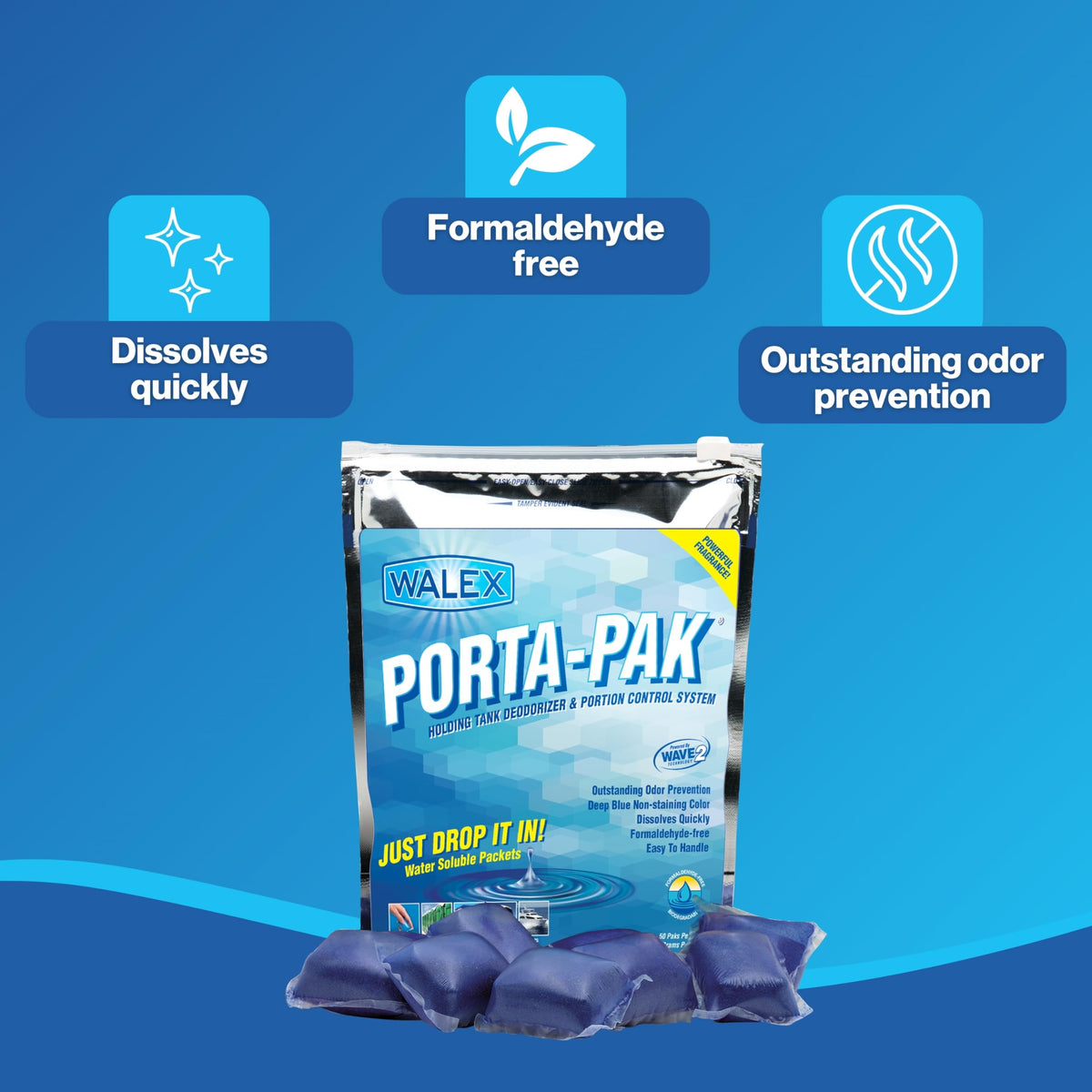 Walex Porta-Pak in an RV toilet showing cleaner, fresher onboard environment