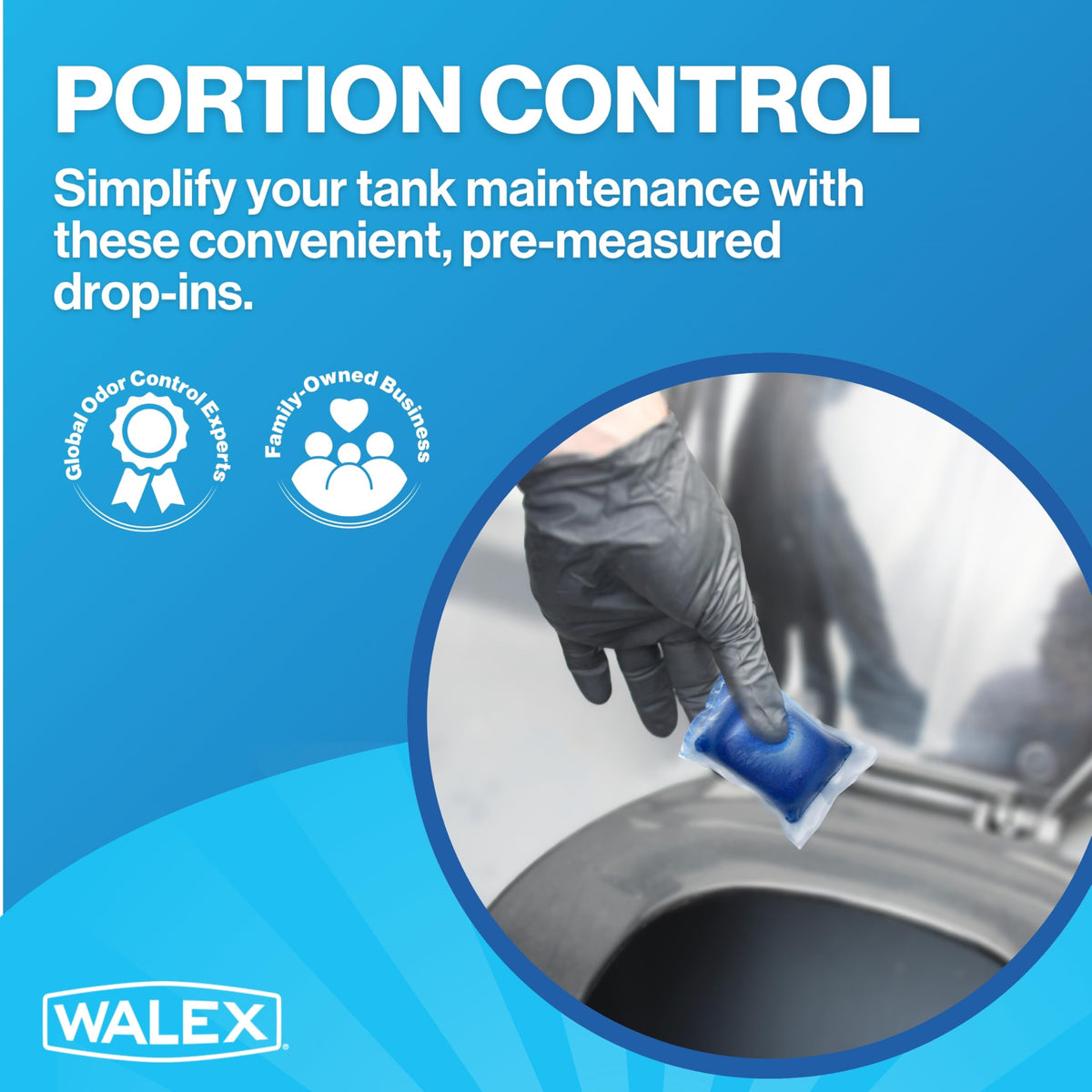 Walex Porta-Pak next to ruler showing packet size and convenient dosing