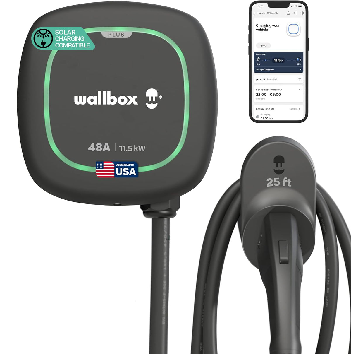 Wallbox Pulsar Plus front view showing compact design and clean install benefit