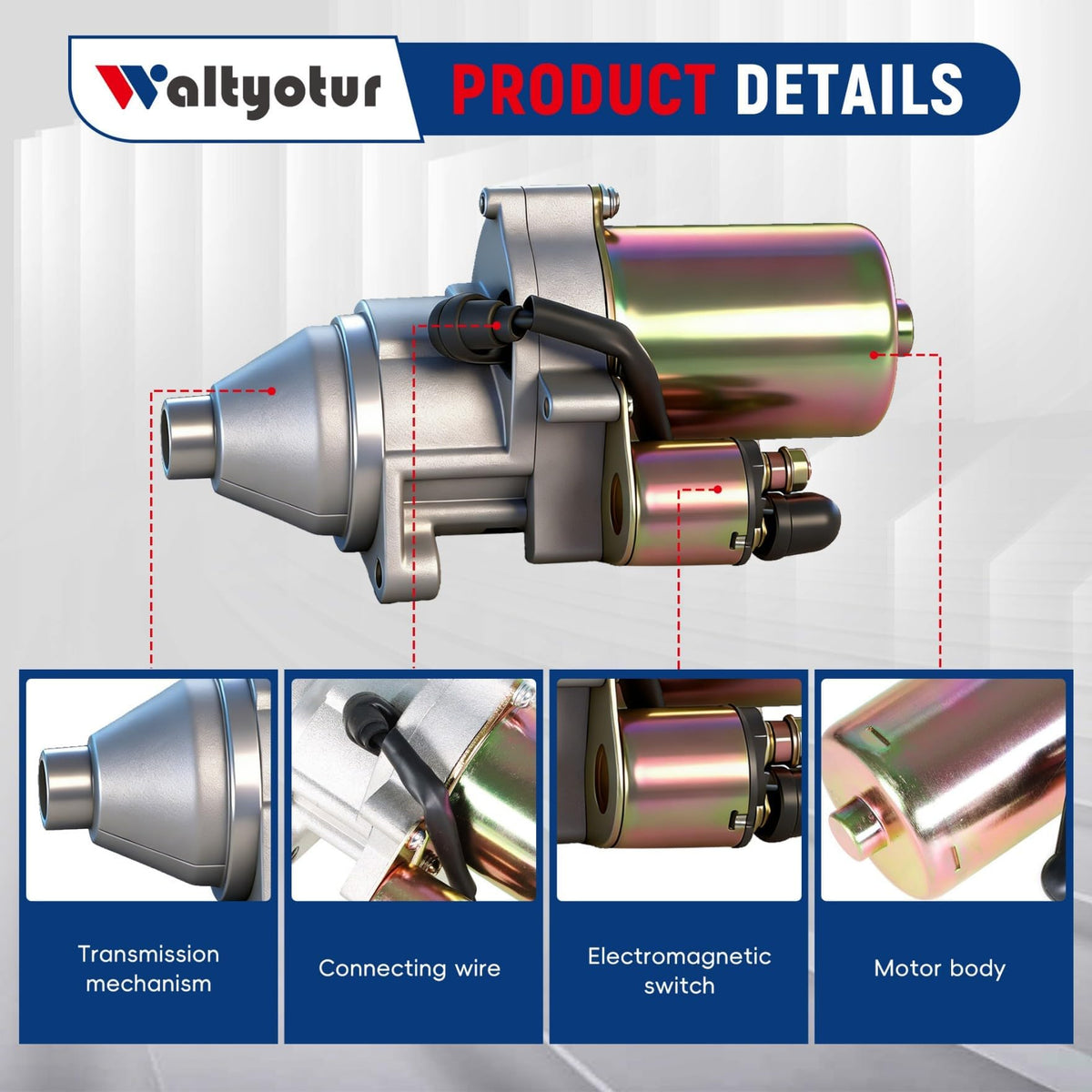 waltyotur starter side profile illustrating compact design and durable housing for longevity