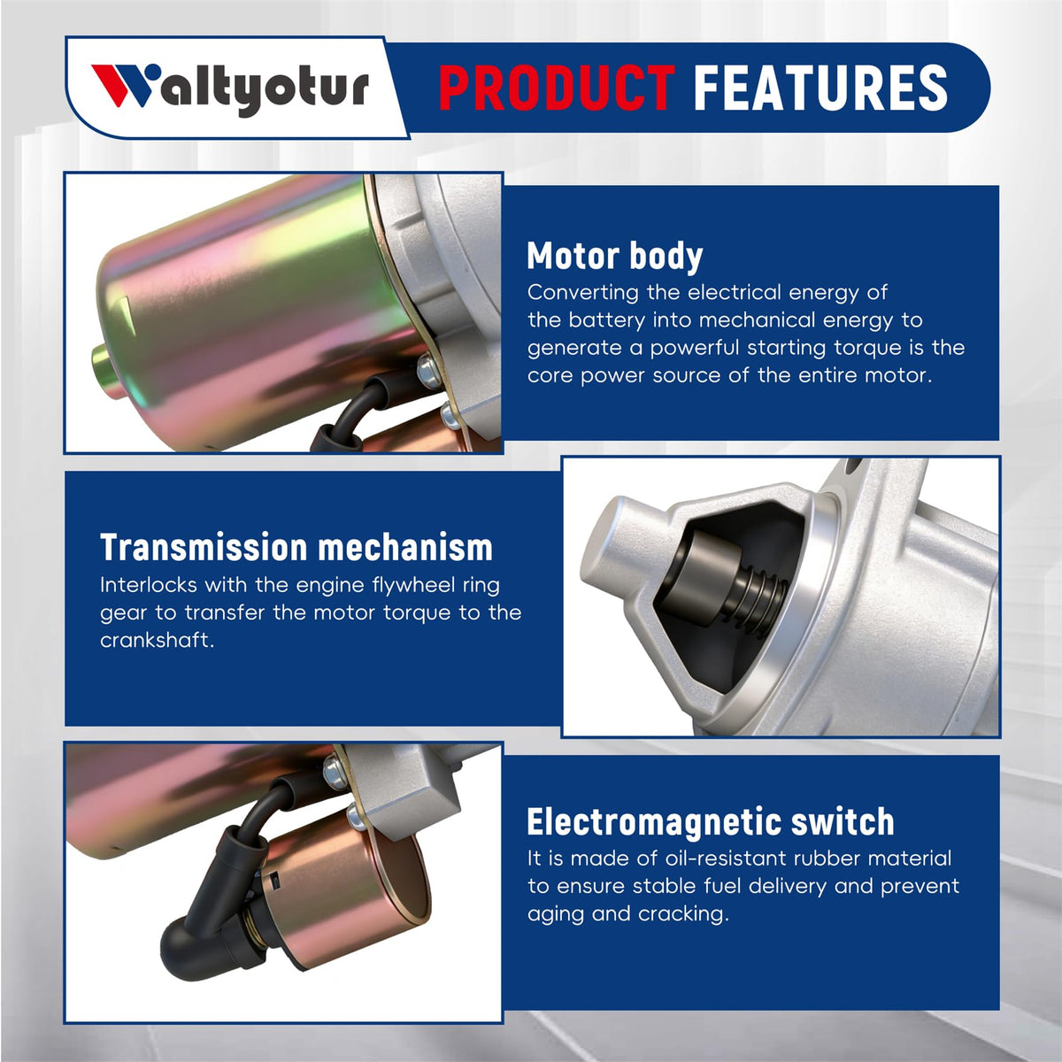 waltyotur starter spline shaft closeup displaying engagement surface for reliable meshing