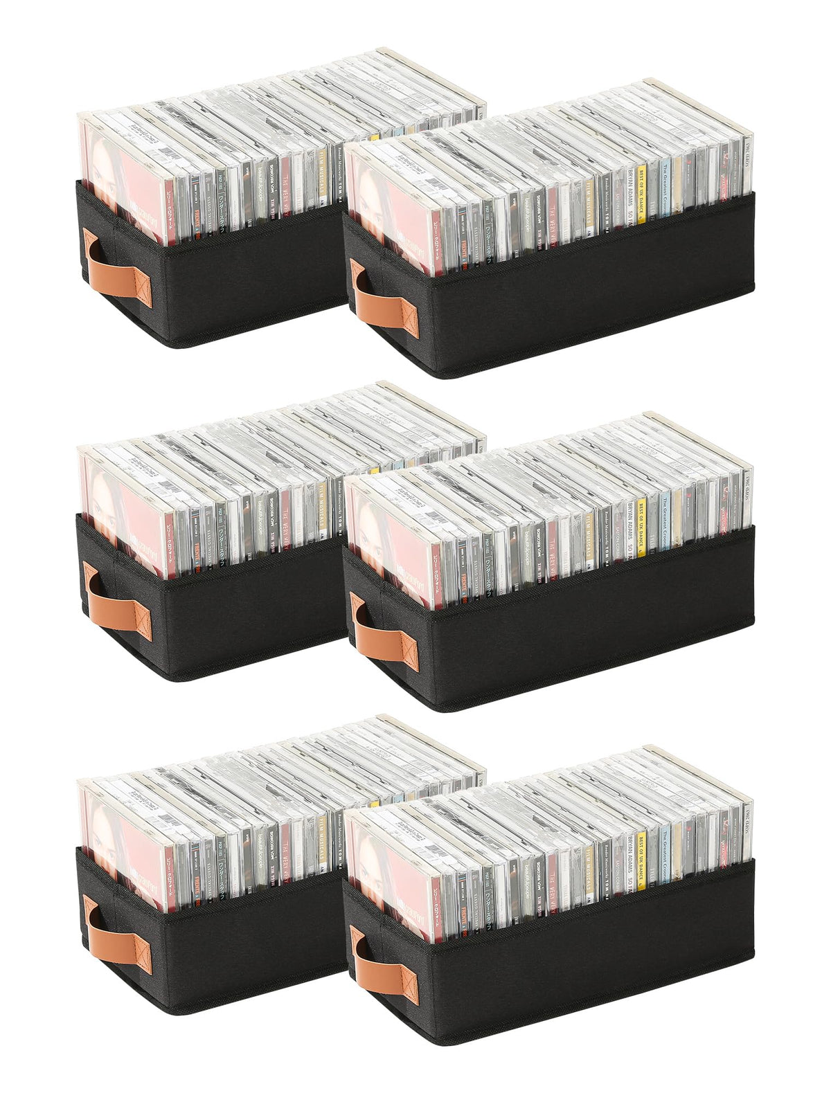 Wanapure front view of six black storage boxes showing neat organization benefit