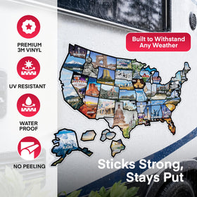 WANDER CAMP map adhered to an RV door showing weatherproof benefit in outdoor use