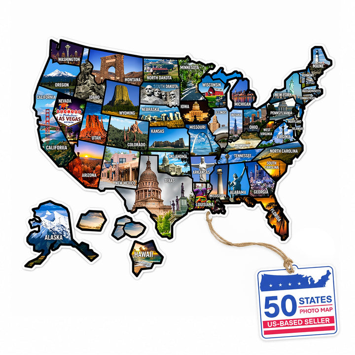 WANDER CAMP front view of the 21x15in state travel map showing all 50 states and bright colors