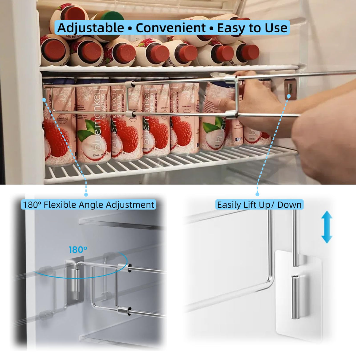 WanDwel bars installed inside an RV refrigerator keeping cans and jars from shifting