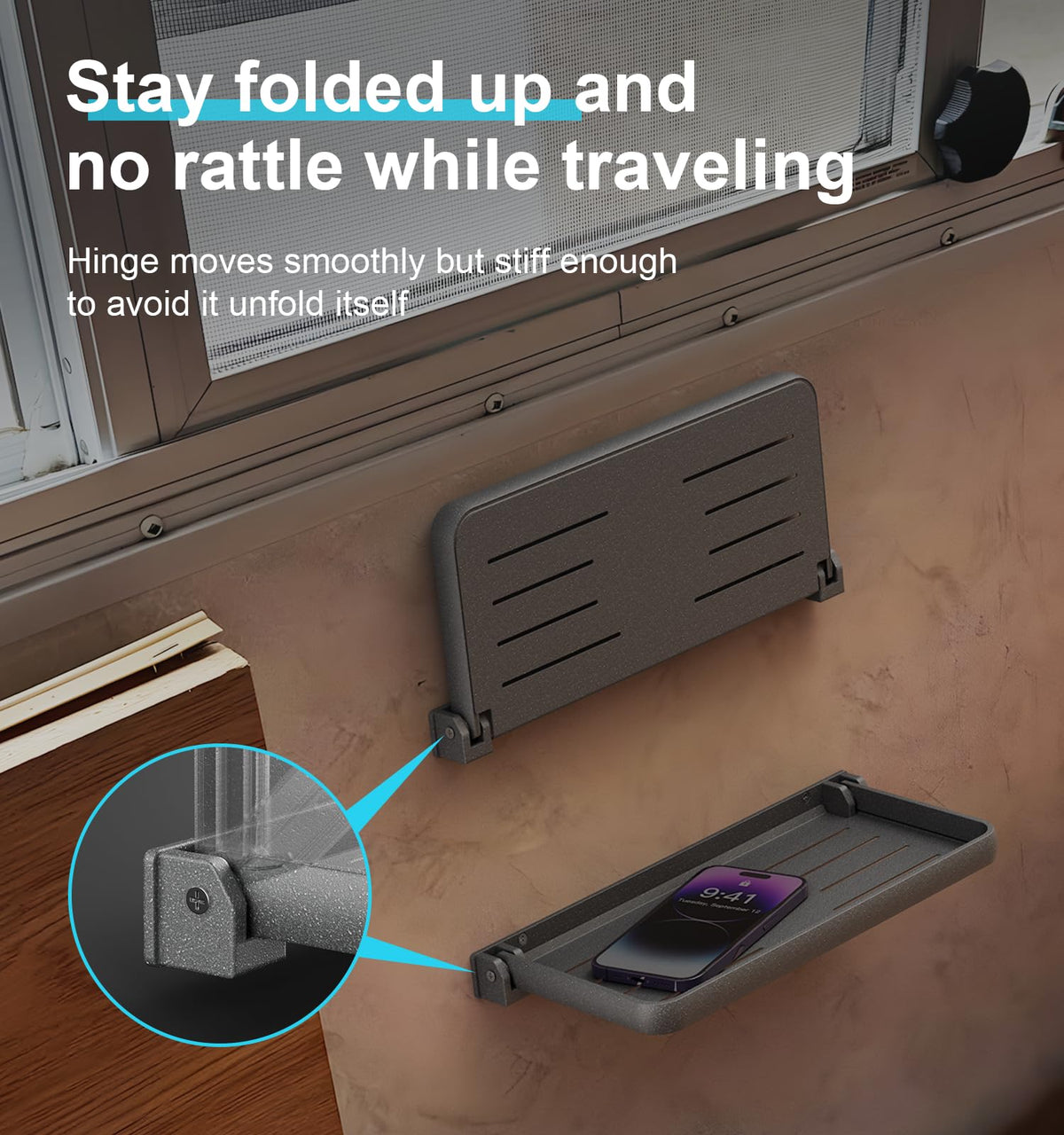 WanDwel hinge close-up showing smooth friction hinge for secure travel stability