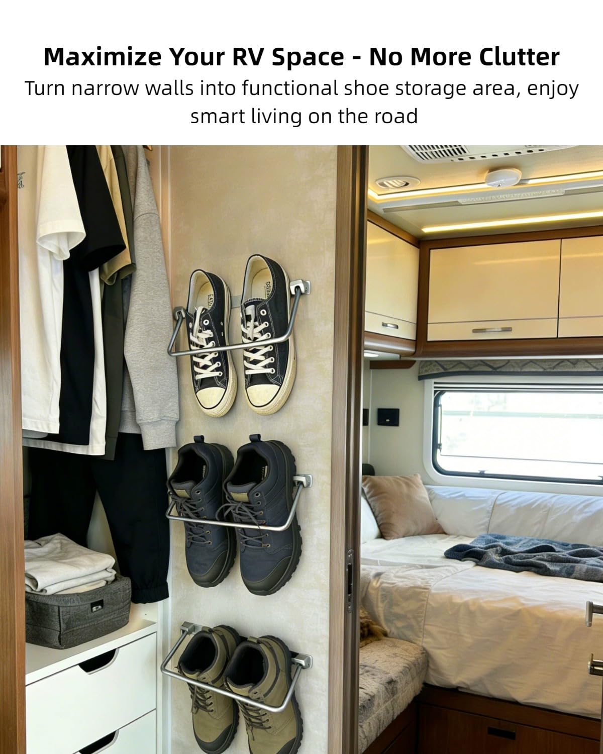 WanDwel lifestyle camper entryway organized with multiple racks for tidy storage