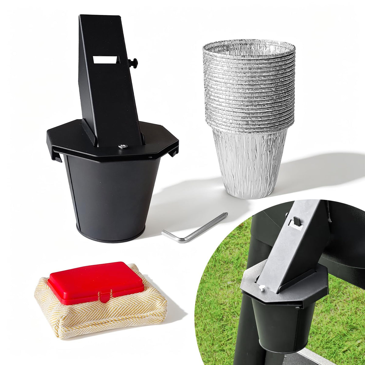 Wanshirra front view of grease bucket with octagonal lid preventing spills