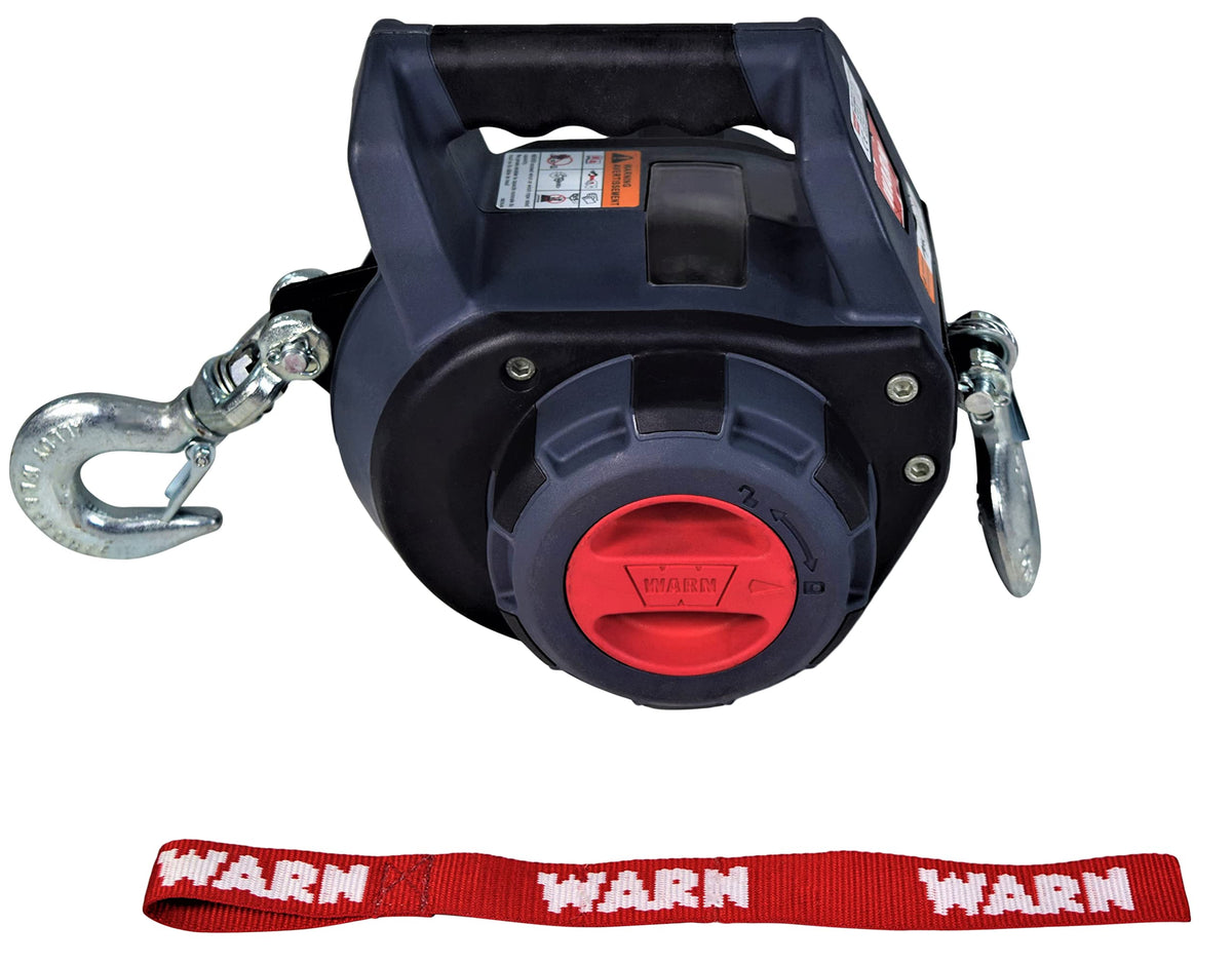 WARN drill winch front view showing compact portable design and quick setup benefit