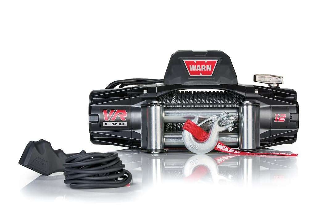 WARN VR EVO 12 front-mounted winch showing steel cable and tactical housing benefit: durable recovery readiness