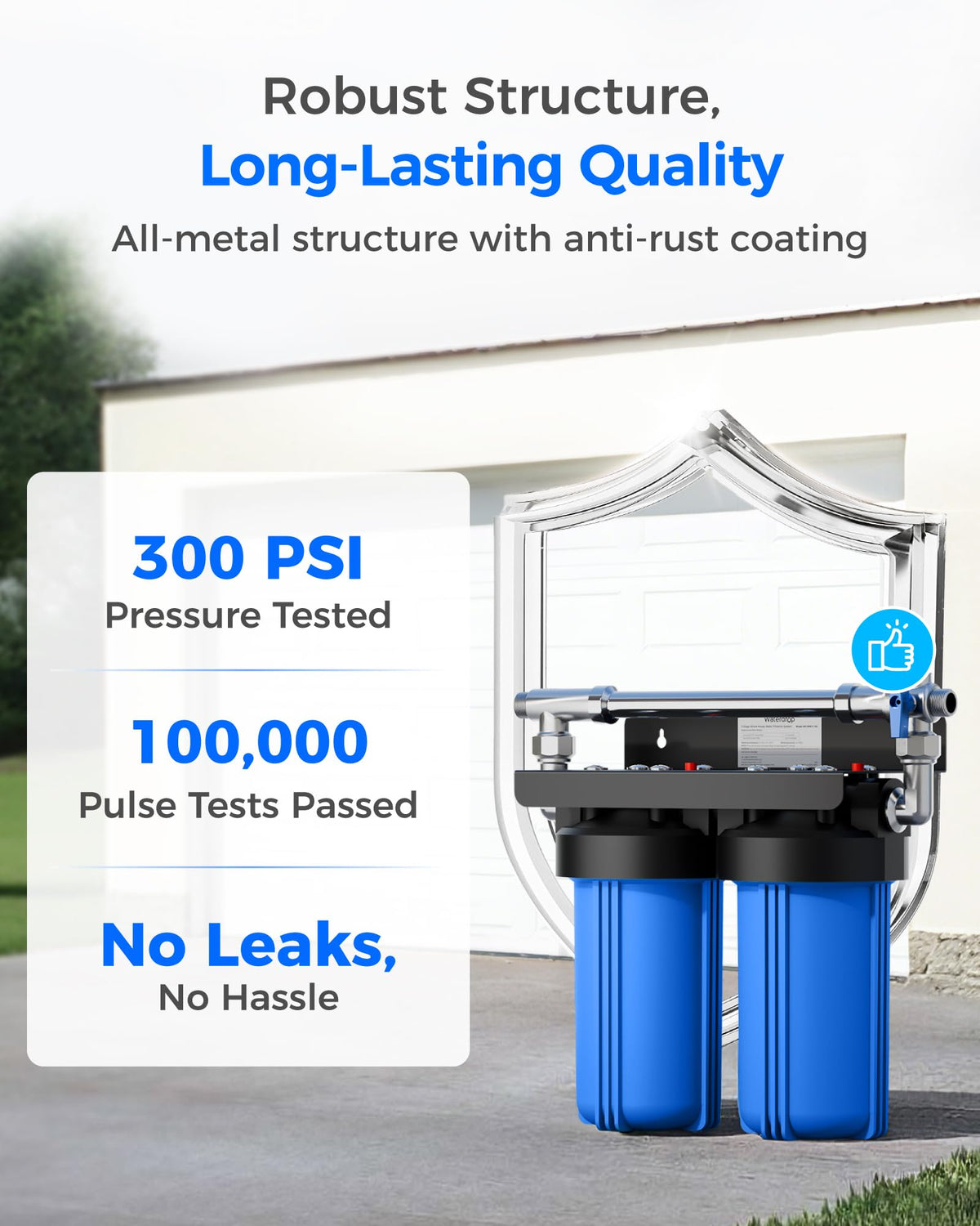 Waterdrop pressure-tested label noting durable construction up to 300psi benefit