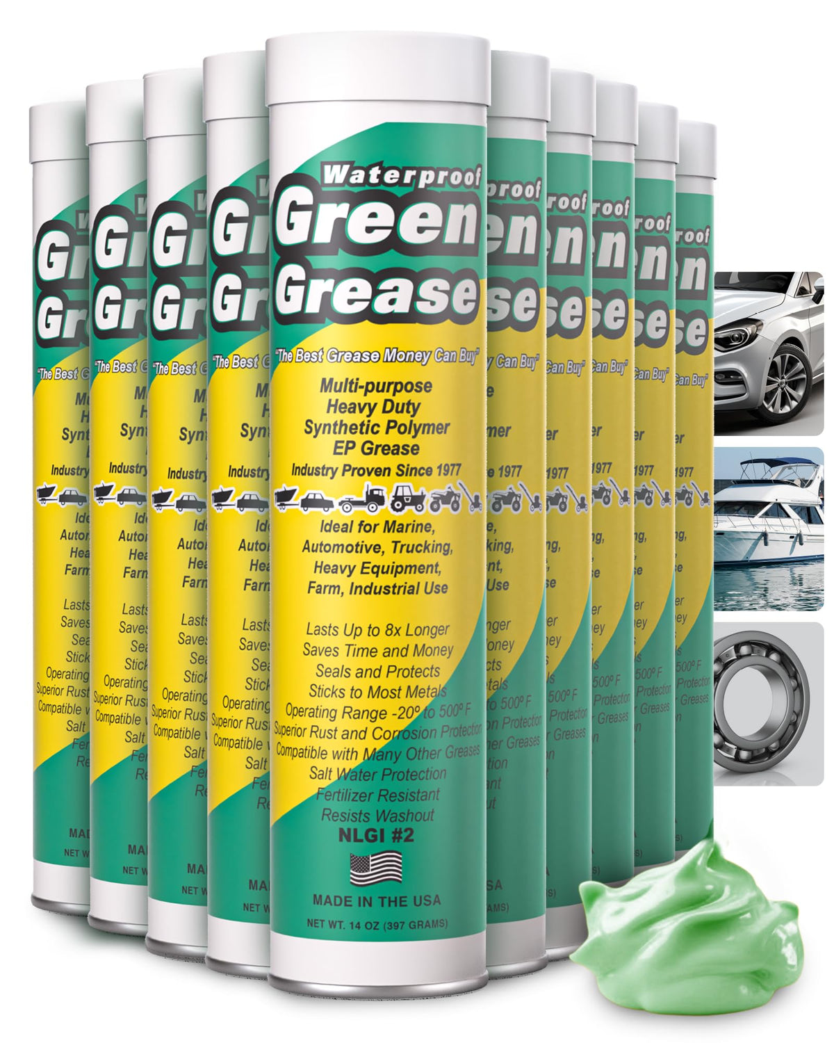 Waterproof Green Grease front packaging showing ten 14oz tubes and brand for dependable supply