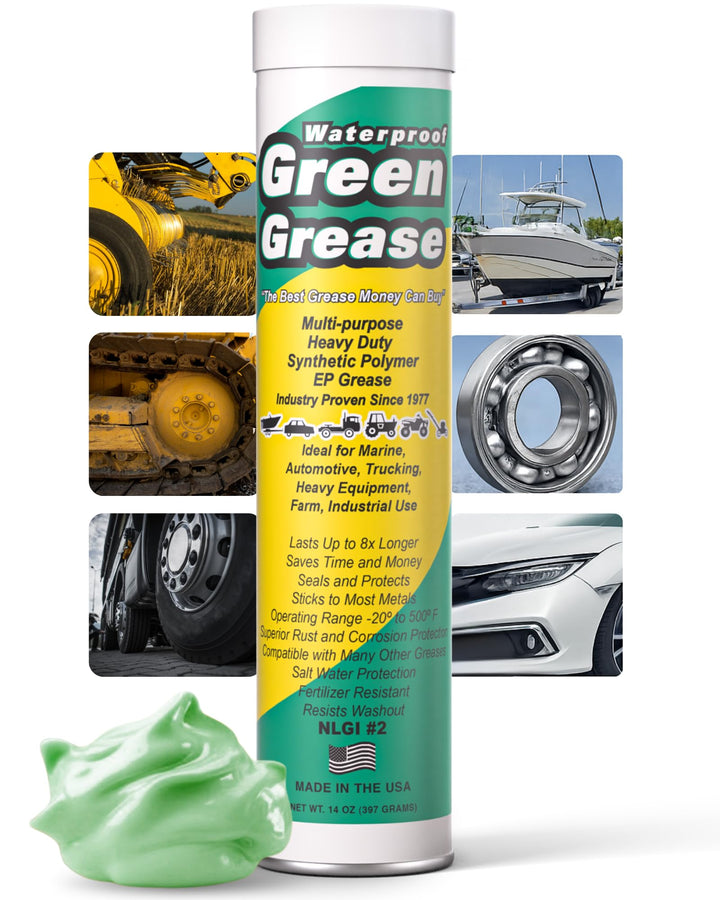 Waterproof Green Grease front packaging showing 14oz tube and label benefits