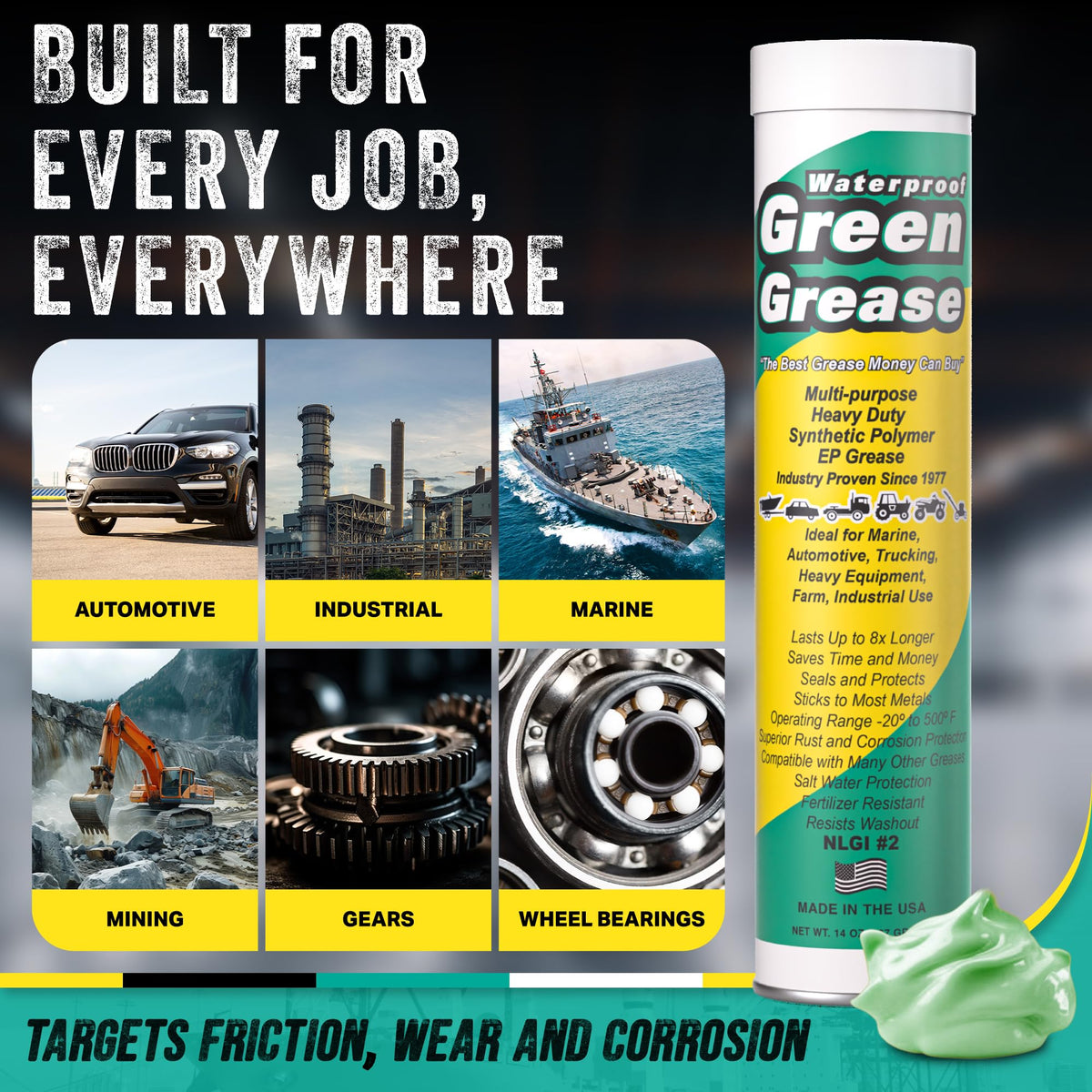Waterproof Green Grease tube close-up texture showing thick green formula for long-lasting cling