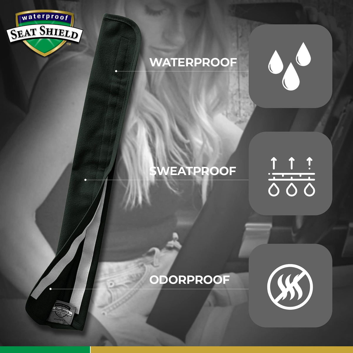 Waterproof SeatShield installed on car seatbelt demonstrating added shoulder comfort