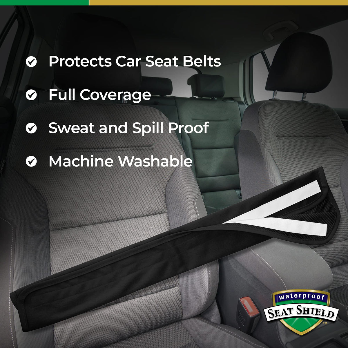 Waterproof SeatShield on a child seatbelt in family car showing spill protection