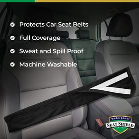 Waterproof SeatShield on a child seatbelt in family car showing spill protection
