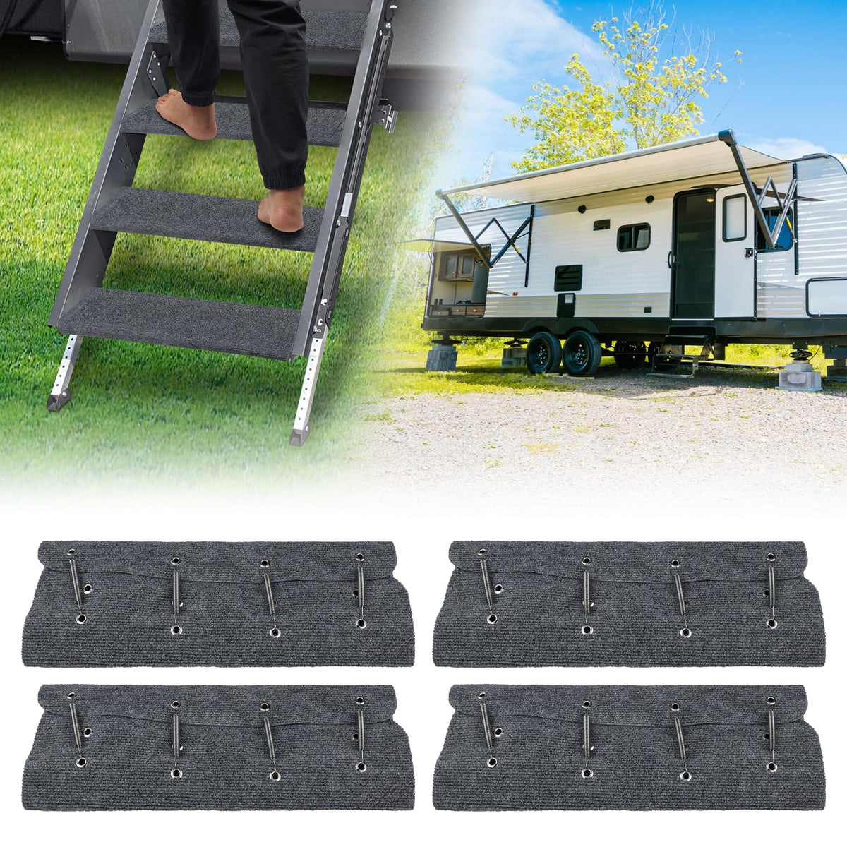 WATERWICH front view of step mat on RV showing protection benefit
