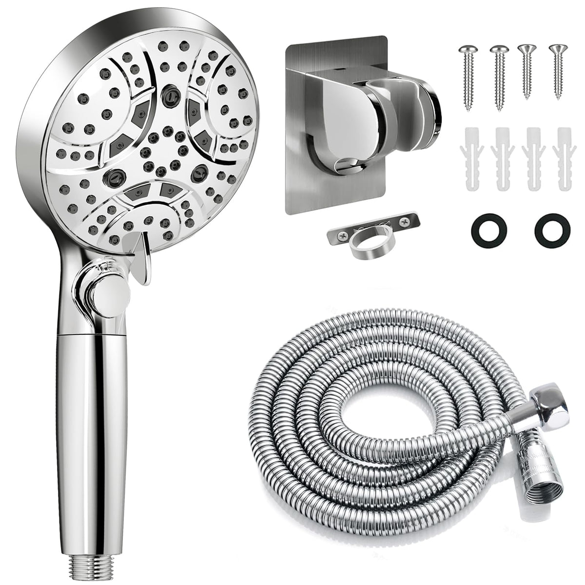 WATFIGBY front view of shower head kit showing components and benefits