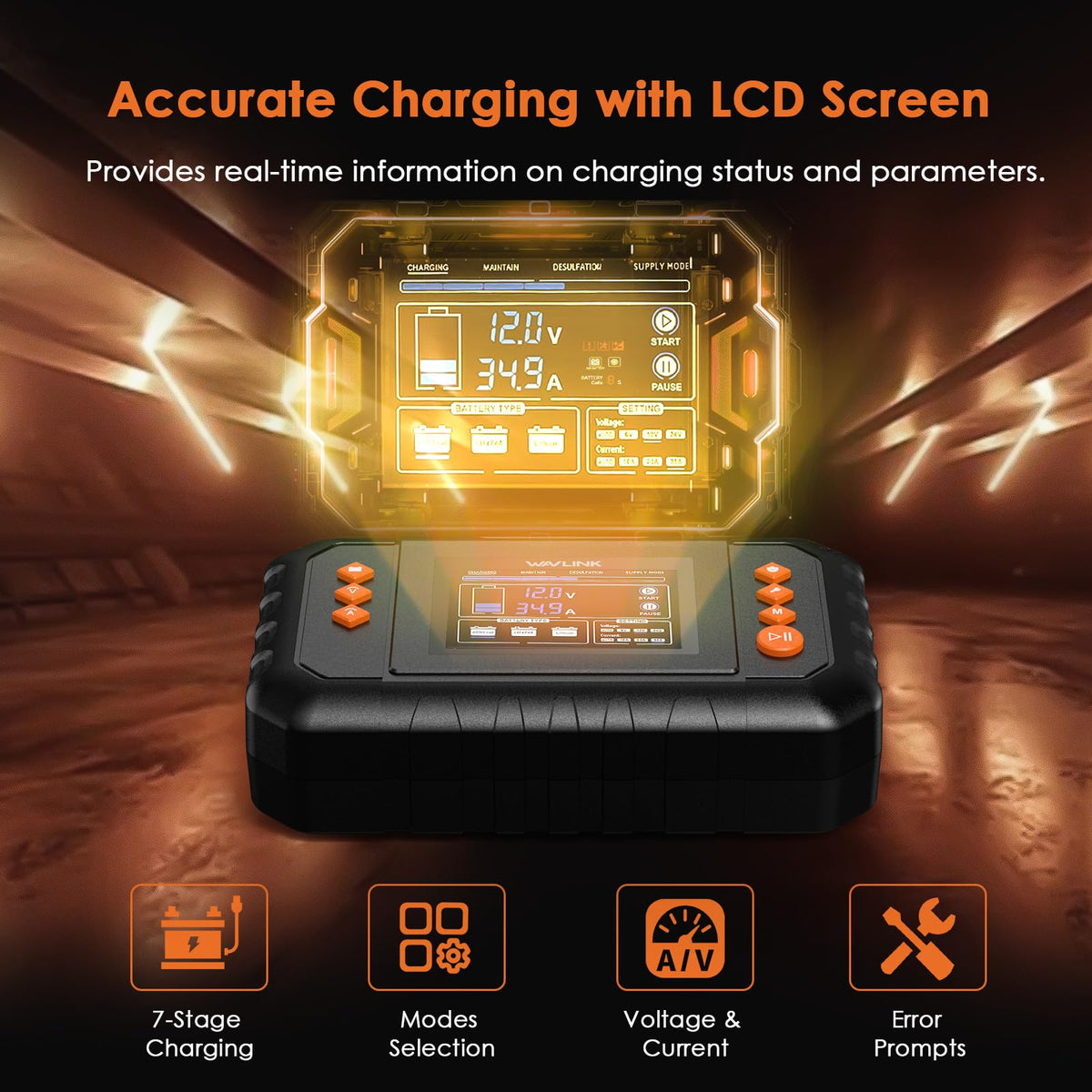 WAVLINK closeup LCD screen displaying voltage and charging mode clearly