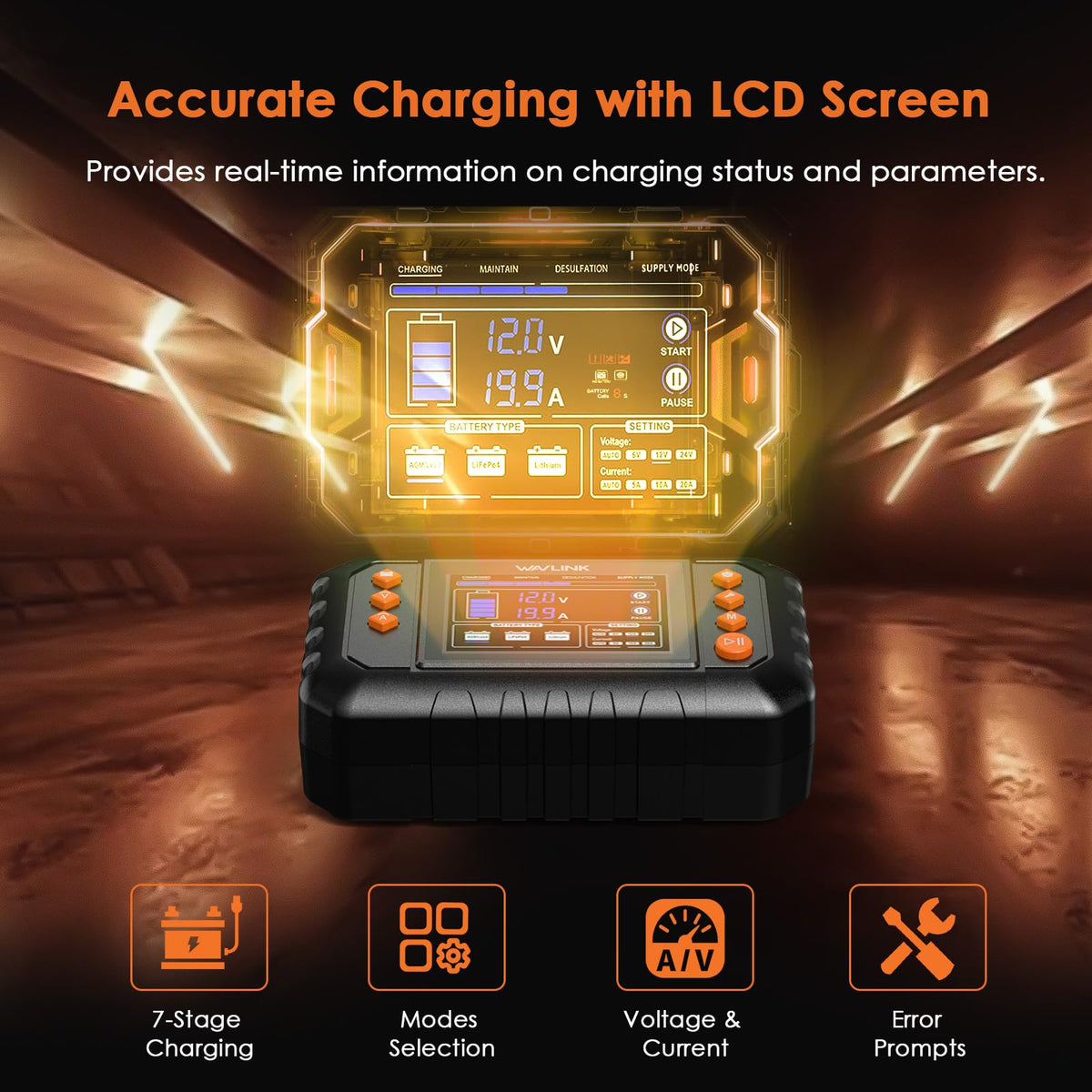 WAVLINK LCD status close-up displaying voltage and current for clear real-time feedback