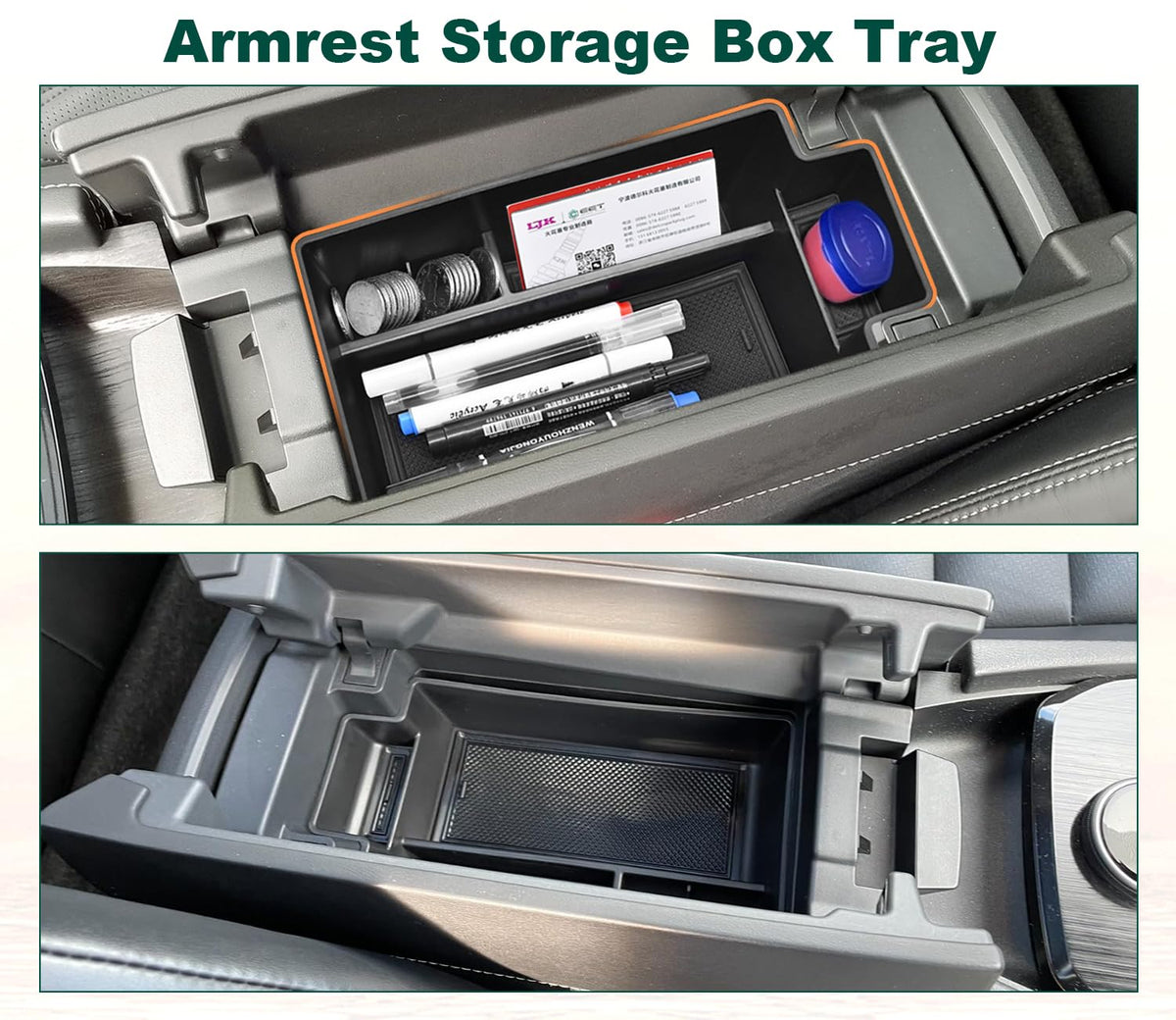 WBLATP lower center console tray close-up showing organized compartments