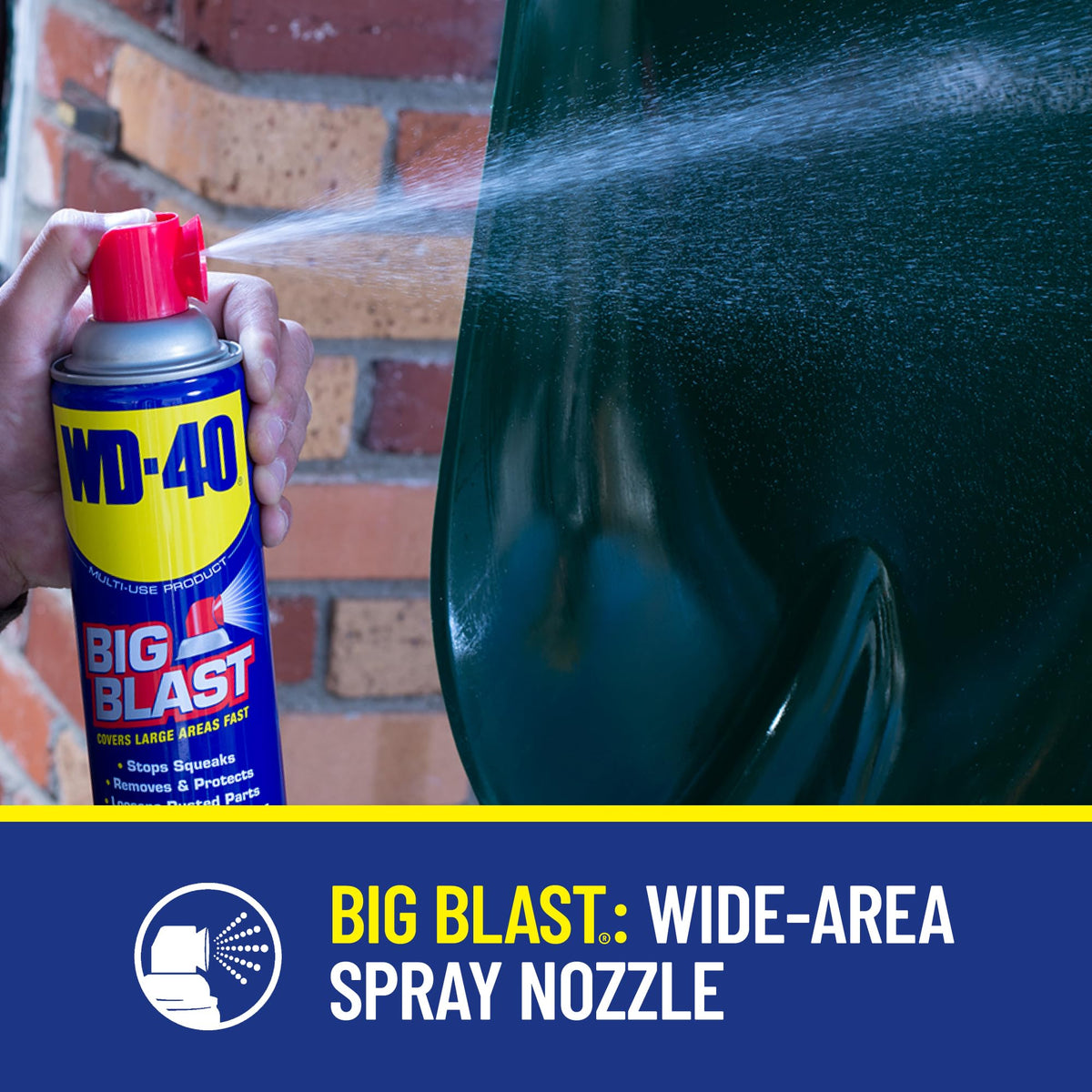 WD-40 big-blast wide nozzle closeup demonstrating quick broad coverage benefit