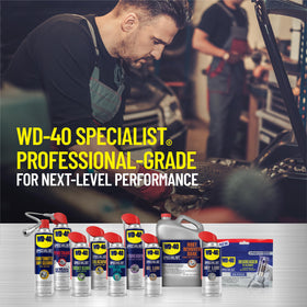 WD-40 Specialist 18 oz can next to a ruler showing size for storage and handling benefit