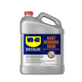 WD-40 Specialist immersed rusty tools in soak showing effective rust removal benefit