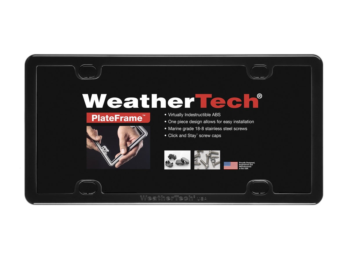 WeatherTech PlateFrame front view showing sleek low-profile look and durable finish benefit