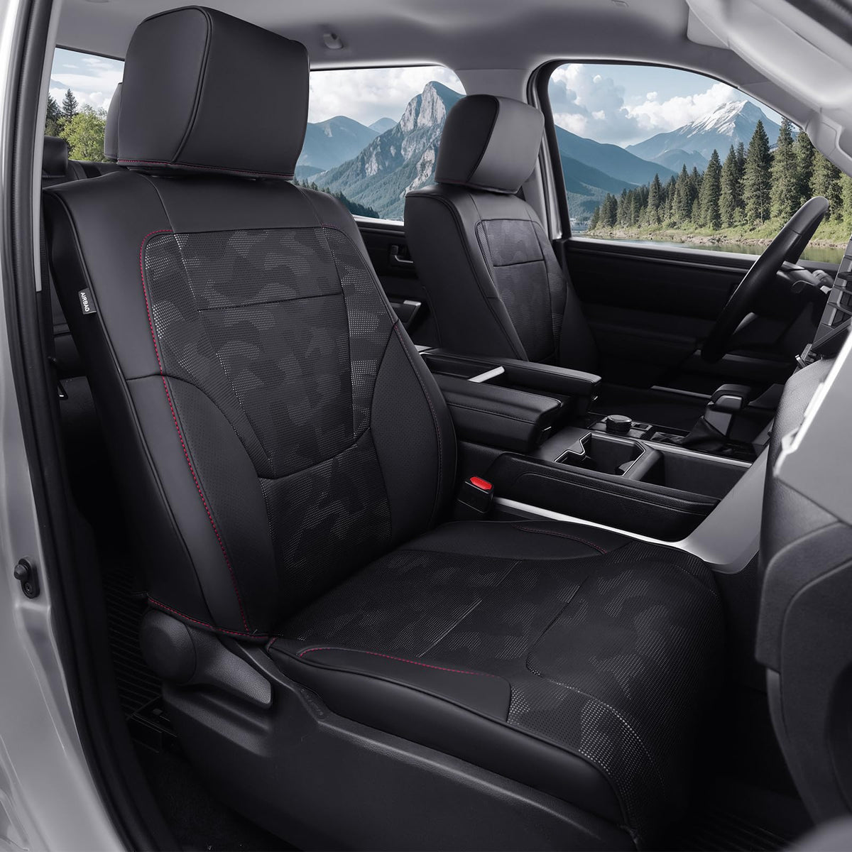 WeatherWard front seat cover in black camo showing precise fit and stylish protection