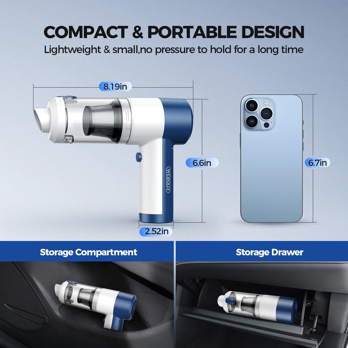 WEBOLLY next to a ruler showing compact size and light weight benefit