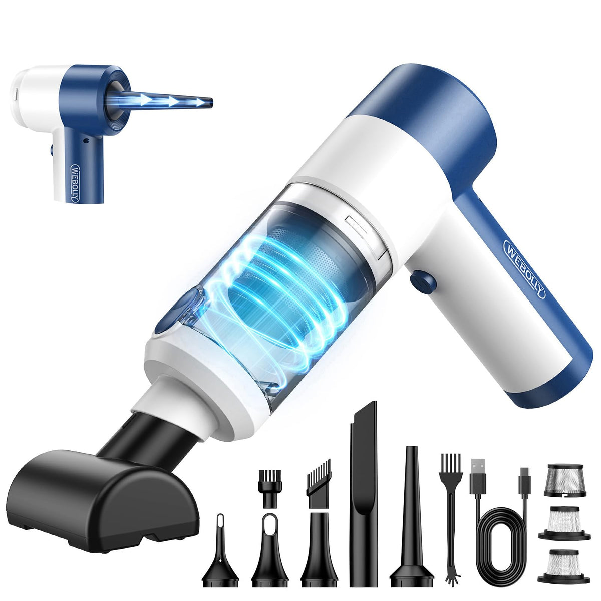 WEBOLLY front view showing compact handheld vacuum, easy portability benefit