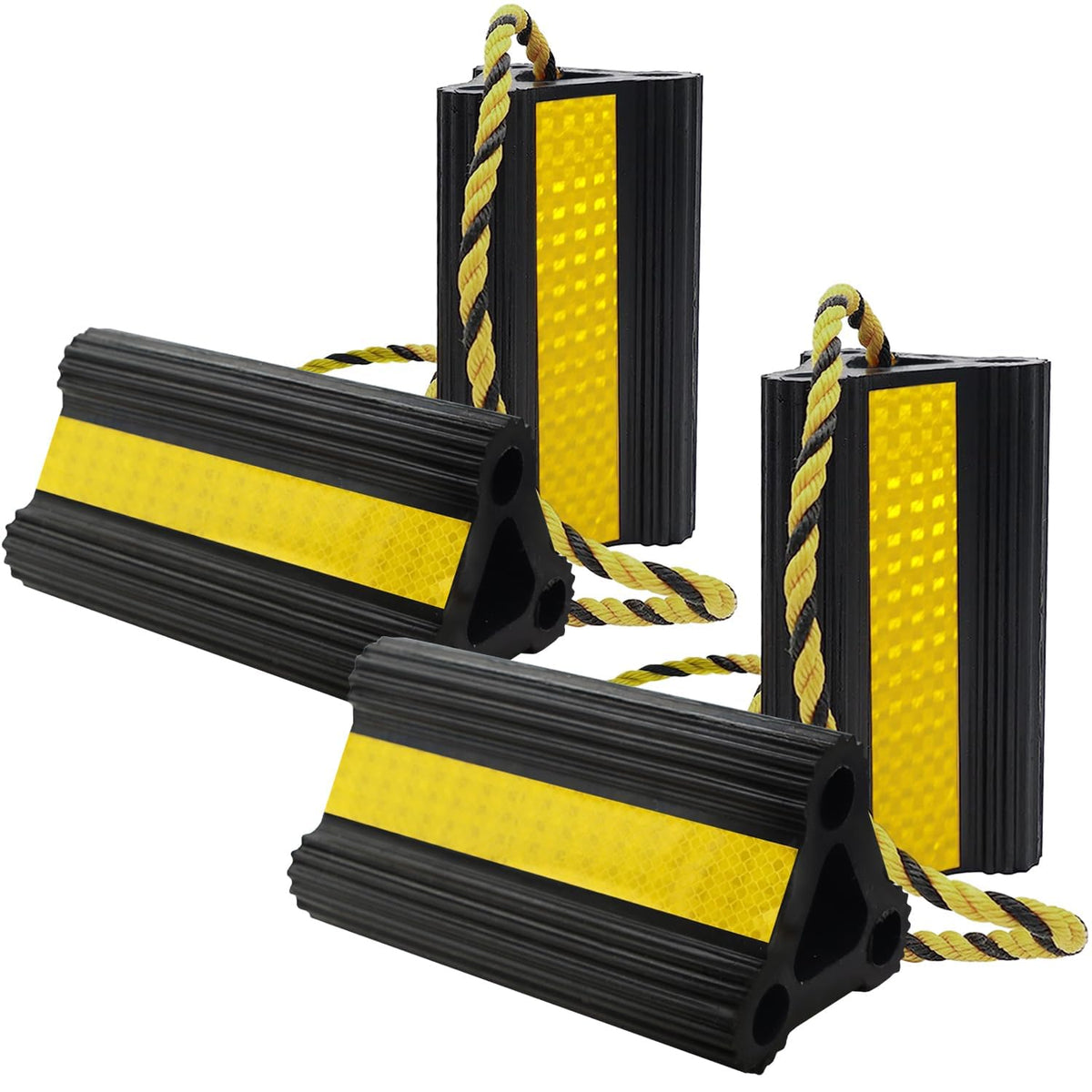 WECARLLE front view of four chocks showing compact pack and ropes for convenient transport