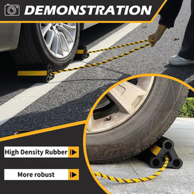 WECARLLE chock next to ruler showing the 8.21" × 4.51" × 4.1" dimensions for scale
