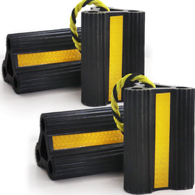 WECARLLE front view wheel chock showing shape and sturdy rubber for secure parking