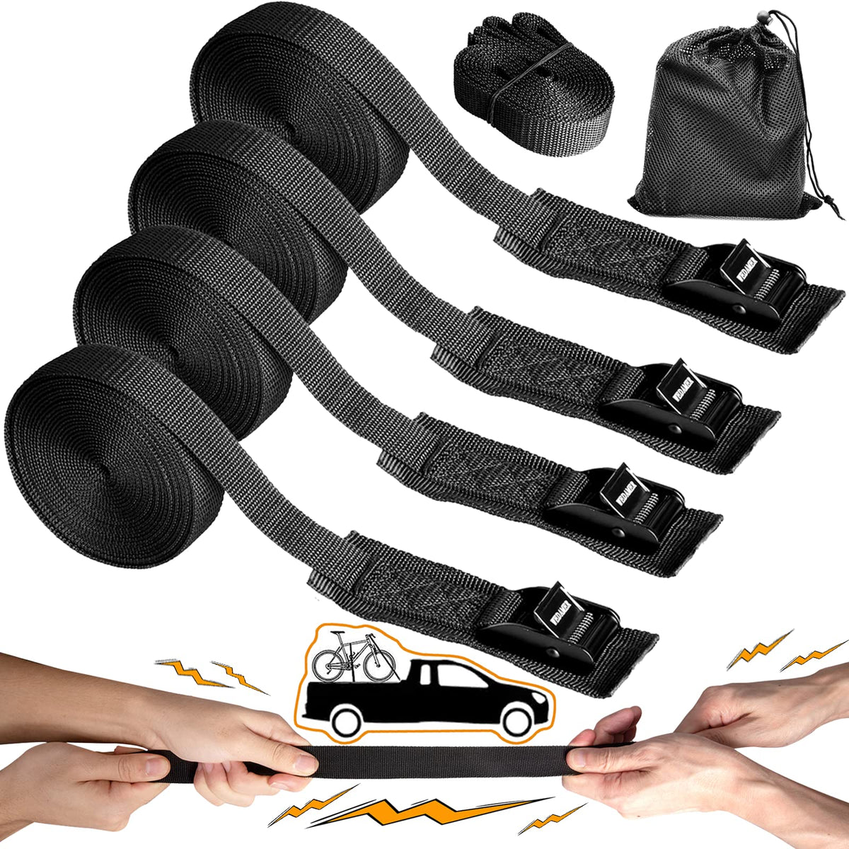 WEDAMER front packaging showing four cam-buckle straps and bag, convenient storage benefit