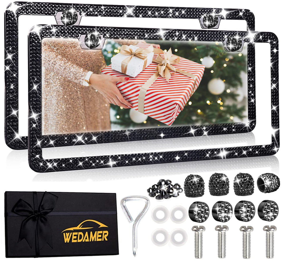 WEDAMER front packaging showing two black bling frames and caps, attractive gift-ready presentation