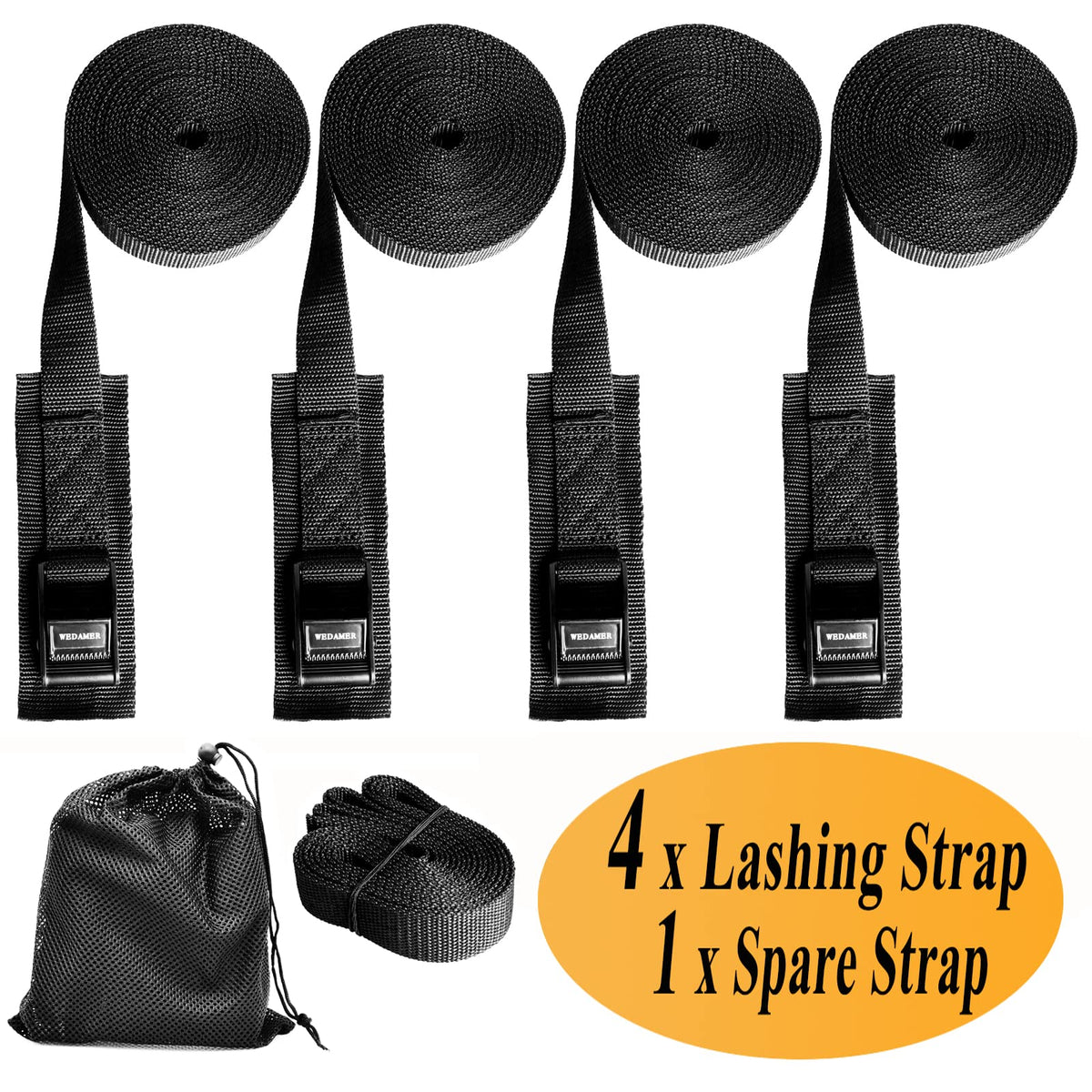 WEDAMER straps laid beside tape measure showing 16.4ft length for versatile reach benefit