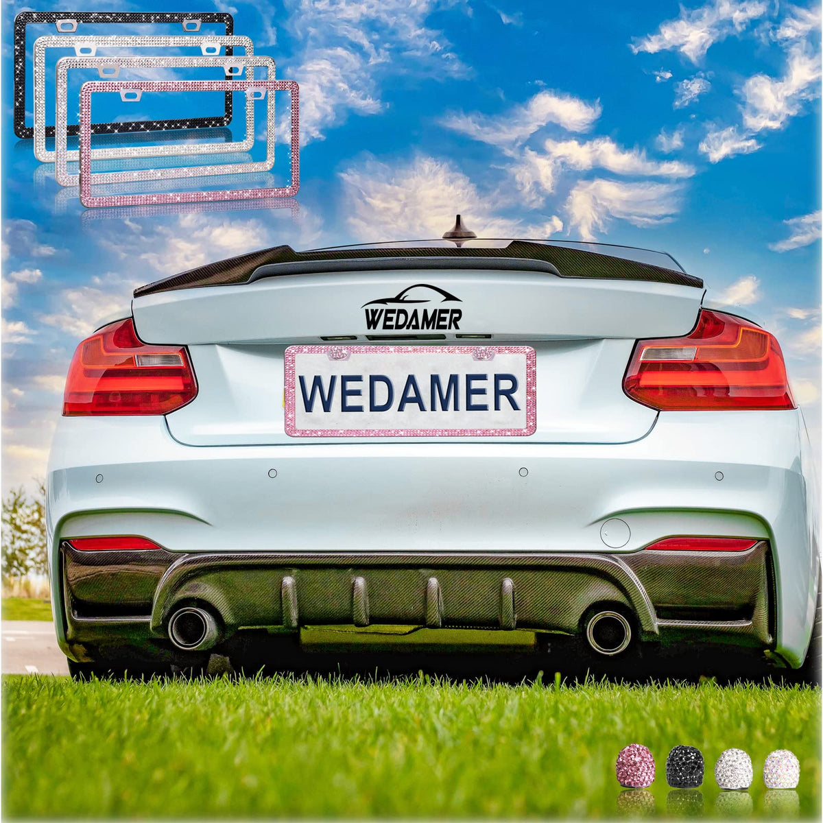 WEDAMER frame next to standard license plate for accurate size comparison