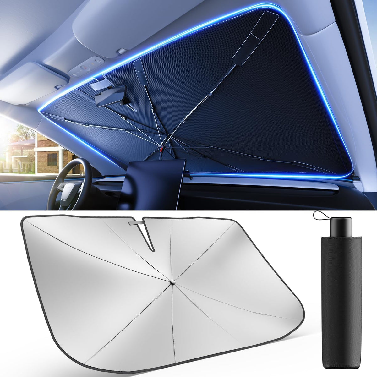 weektic front view open umbrella showing reflective surface and fast setup benefit