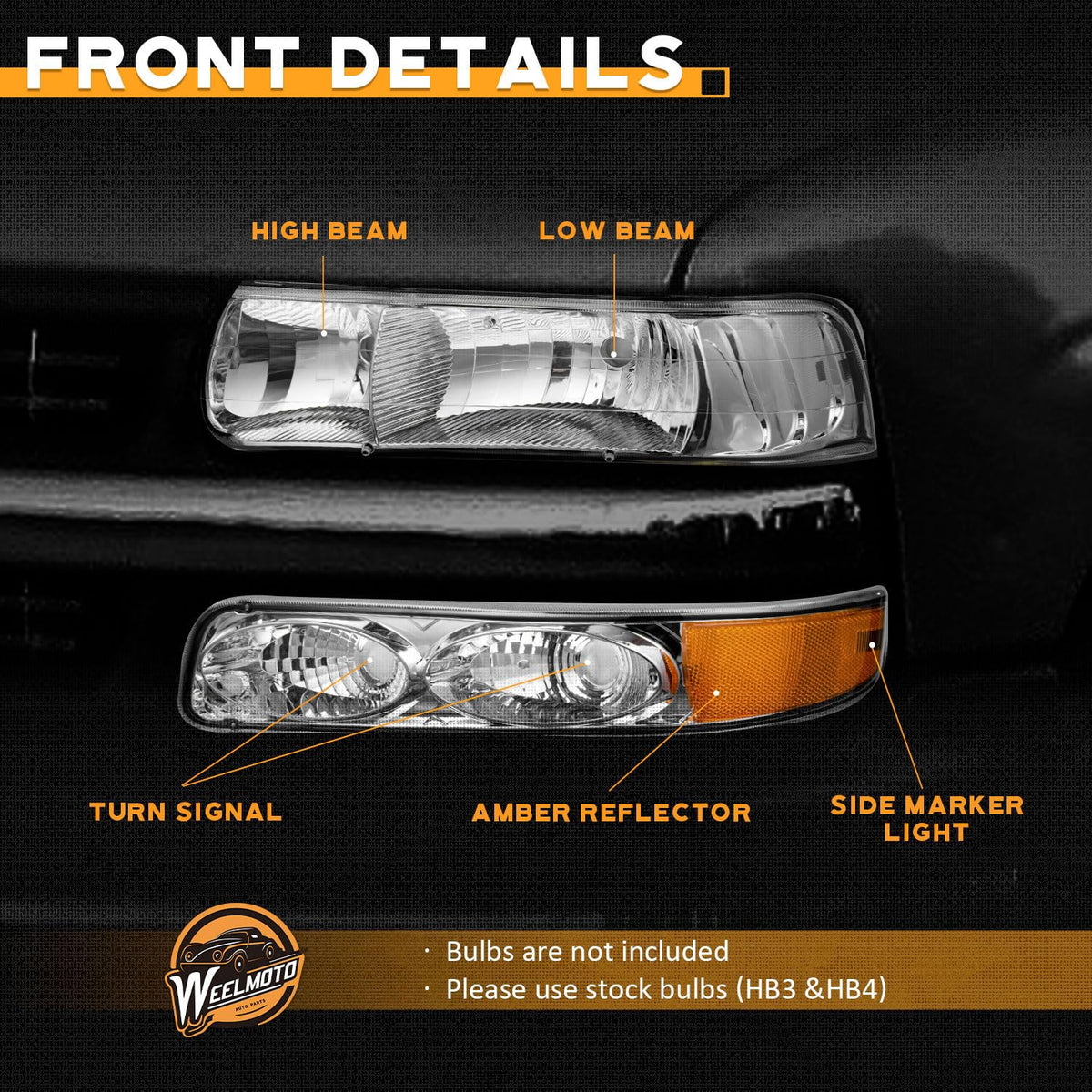 WEELMOTO headlight next to tape measure showing exact-fit dimensions