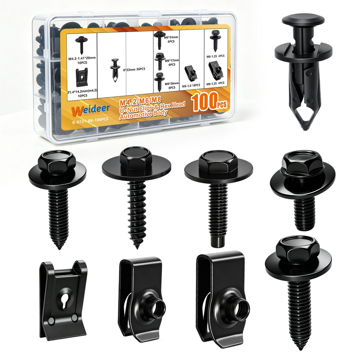 weideer front packaging showing full 100-piece fastener kit for easy selection