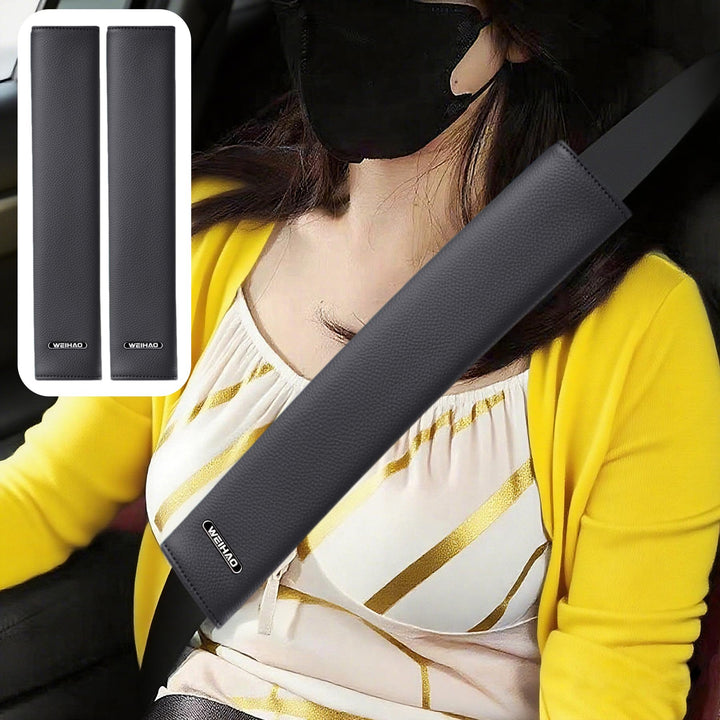 WEIHAO front view of two 13-inch seatbelt covers showing sleek black design and benefits