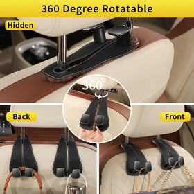 WEIHAO hook rotated on a headrest post demonstrating 360-degree adjustability benefit